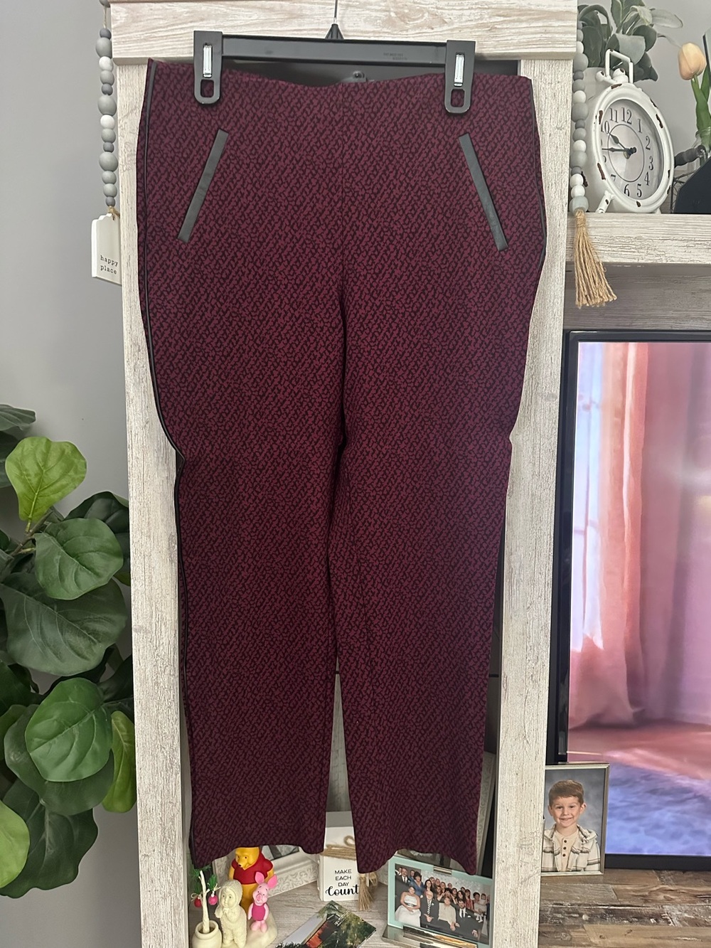 Chico's Burgundy Patterned Straight-Leg Ponte Pants with Faux-Leather Trim